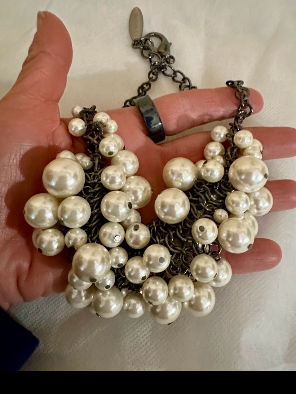 22” Chico’s White Pearl Cluster Necklace on Plated Black Chain - Picture 4 of 6